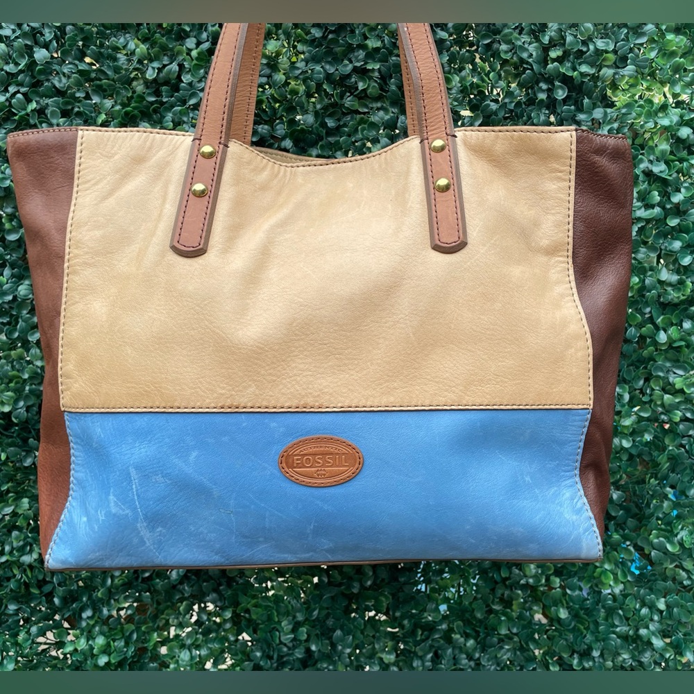 Fossil Color Block Tote Cowhide Soft leather